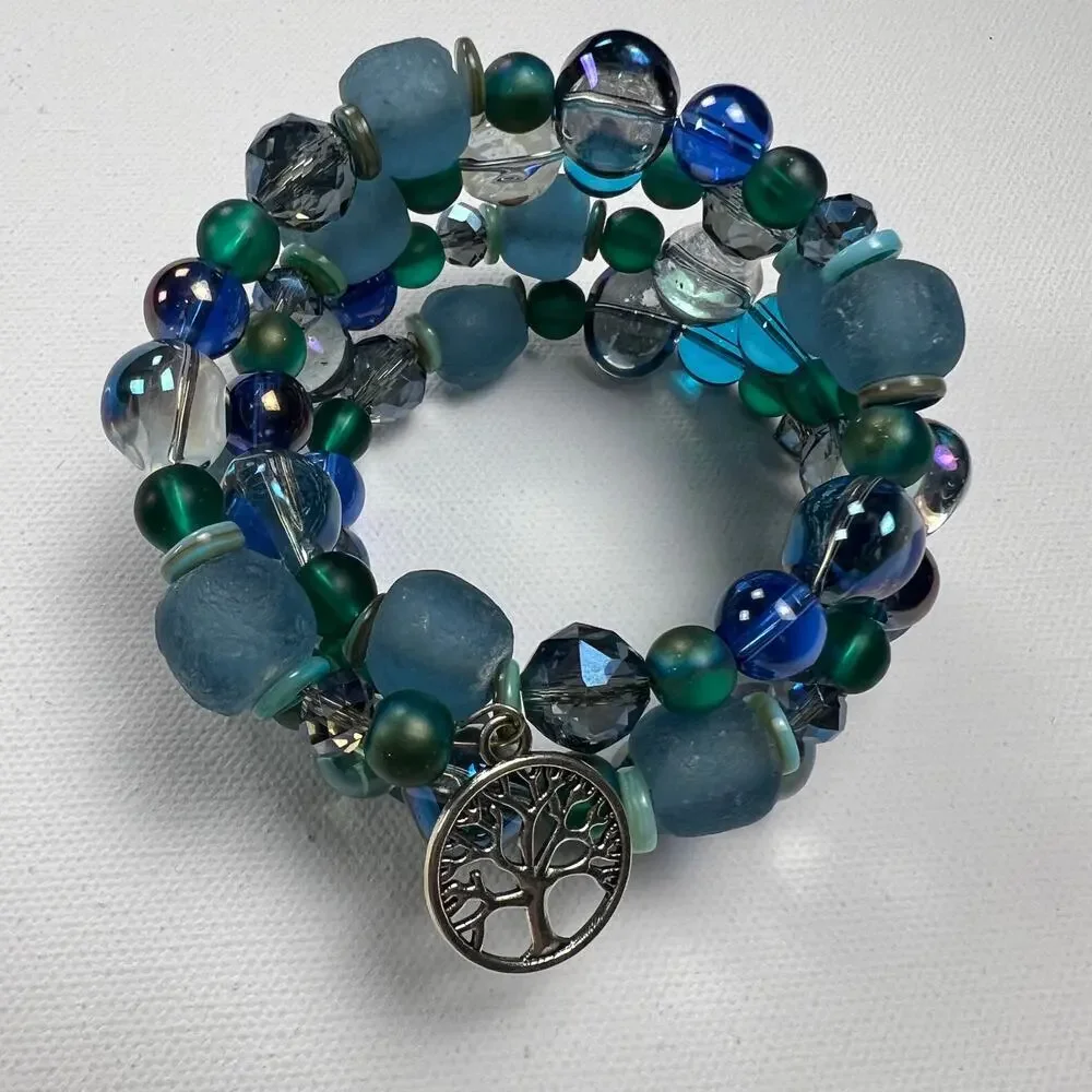 Handmade Beaded Coil Bracelet Sea Glass Blue Green Glass Beads Tree Charms